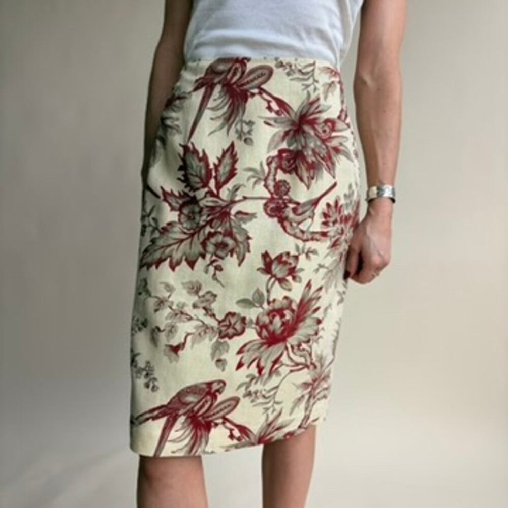 Silk Club Collection Midi Skirt - Cream & Burgundy Floral Bird Print- Size 6